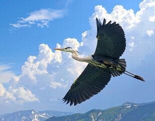 Majestic Great Blue Heron Soaring Through the Sky with Fluffy Clouds Above Mountains