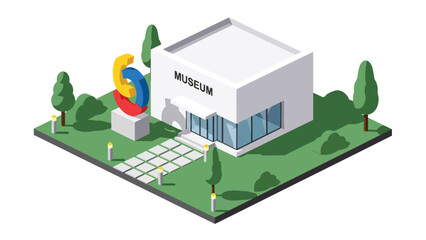 3D View Flat isometric museum with banners and sculpture outside, suitable for cultural, educational maps, and travel-themed design collections