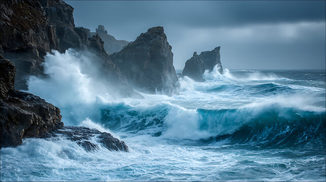 Furious ocean waves crashing against the rugged cliffs during a storm (3)