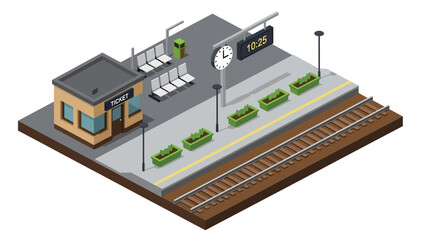 3D View Isometric train station with rail tracks, signage, platform, and entrance walkway, ideal for transportation, travel maps, and urban navigation designs