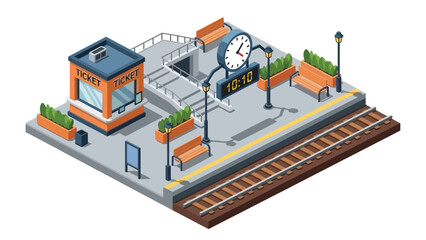 3D View Isometric train station with rail tracks, signage, platform, and entrance walkway, ideal for transportation, travel maps, and urban navigation designs