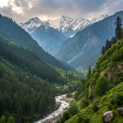 Majestic mountain valley with a winding river and snow capped peaks
