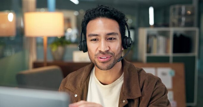Help desk, call center and man talk with computer for IT feedback, assistance or laugh at night. Tech support, smile and person speaking with customer for troubleshooting, funny joke and overtime