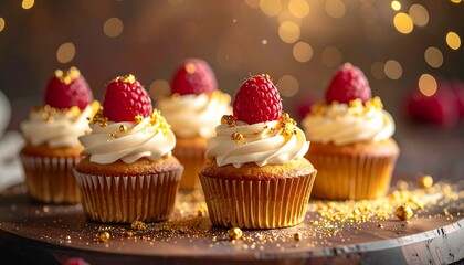 Exquisite cupcakes adorned with creamy frosting and fresh raspberries sparkle on a wooden board with bokeh lights
