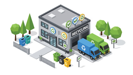 3D View Isometric recycling facility with bin sorting areas, truck, signage, and fenced border, ideal for sustainability, environmental planning, and eco city concepts
