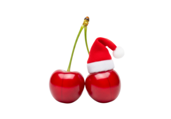 Festive Red Cherries One Wearing a Miniature Santa Hat Isolated