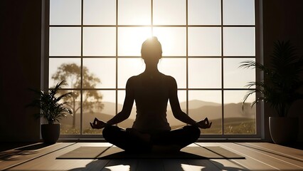 Woman in lotus pose silhouette for yoga fitness and relaxation