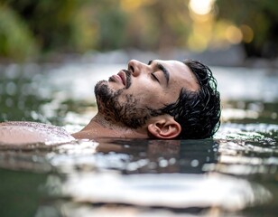 Man immersed in water, eyes closed, finding serenity and peace in nature