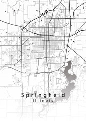 Minimalist white map of Springfield, Illinois &ndash; A modern map print highlighting infrastructure of the city, useful for tourism purposes

