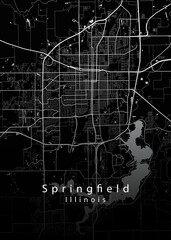 Minimalist black map of Springfield, Illinois &ndash; A modern map print highlighting infrastructure of the city, useful for tourism purposes
