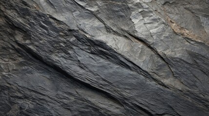 Dark rock surface with prominent diagonal cleavage planes, rough texture from weathering,