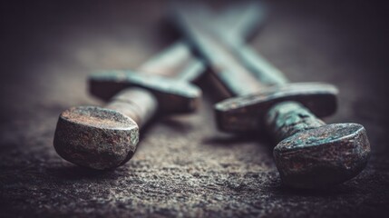 Two ancient bronze swords with complementary luster on their dark surfaces. Event projects and museum guides, designed specifically for cultural heritage projects and event projects.