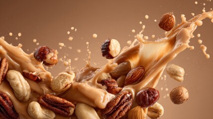 Nuts and cream collide to create a splash as they mix in a studio setting. The scene shows a dynamic interaction of food elements captured mid-motion