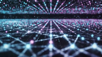 A field of glowing cyan and magenta light nodes pulsing in a complex, measured rhythm suggesting data transmission and abstract connectivity vibrant, motion, modern
