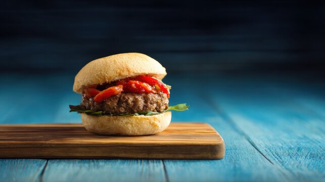 Fresh gourmet burger on a wooden board, overhead view with soft lighting, menu design, packaging mockups, designed for food delivery and cloud-kitchen brand materials, used by researchers.