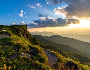Majestic mountain vista at sunset with winding road, cliff, and vibrant sky