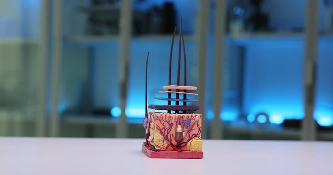 Anatomical model of hair stands on table showing structure of follicles. Model provides helpful tool for explaining biological structure during lesson