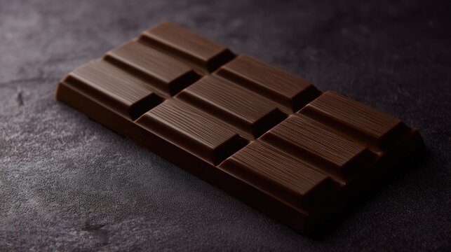 Dark chocolate bar on a textured surface, close-up view with rich brown tones. menu design, packaging mockups, designed for culinary blogs and recipe cards for restaurants.