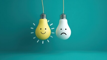 Two hanging candles with cartoon faces against a teal background, one glowing with a happy expression,