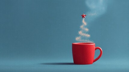A red mug sits on a blue backdrop with artistic steam shaped like a Christmas tree topped by a star.