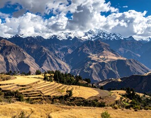 Majestic peruvian andes mountains with terraces and dramatic cloudscape