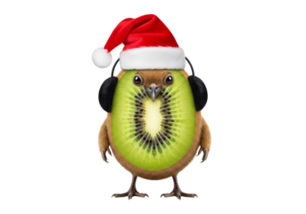 Festive Kiwi Fruit Character Wearing Santa Hat and Headphones