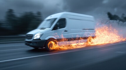 A delivery van moves fast along a highway as flames shoot from its tires. The sky is dark with clouds and rain. This scene occurs during a storm