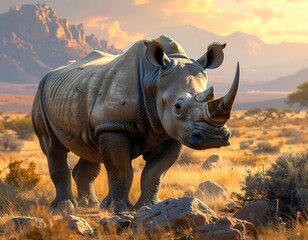 Majestic rhinoceros portrait in golden hour, savanna landscape background, facing forward