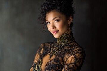 High Resolution Studio Image of Woman Wearing Sophisticated Evening Dress With Natural Skin Tones