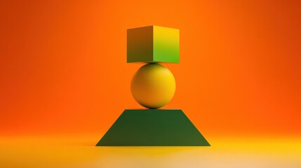 A stack of geometric shapes features a green cube on top, a yellow sphere below, and a green rectangular base,