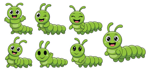 Obraz premium Vector illustration of caterpillar worm maggot insect as a funny cute cartoon mascot character presenting seven playful poses ideal for educational materials