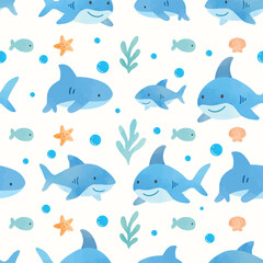 Cute shark seamless pattern watercolor doodle illustration vector isolated. Adorable fish ocean pattern for baby, nursery, print, wrapping paper