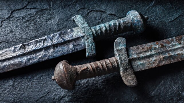 Two ancient bronze swords with complementary patina on a dark surface. event programs, museum guides, designed for cultural heritage projects and event programs.