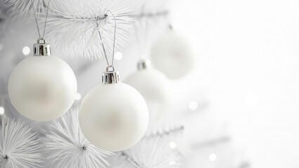 Minimalist white on white holiday decoration concept with frosted spruce twigs and matching ball pendants against a bright blurred backdrop perfect for modern Christmas banner or wallpaper use