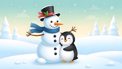 Obraz premium Snowman hugging penguin cute winter friendship illustration