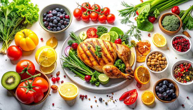 healthy food theme with roasted chicken, fruits and vegetables. 
