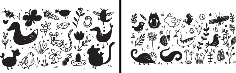 Animal doodle art, farm animal vector, cute pet illustration, domestic animals artwork, hand drawn doodle pattern, minimal farm creatures design, educational animal vector, wildlife cartoon drawing, k