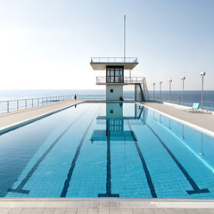 Modern swimming pool with clear blue water and scenic sea view in bright daylight 
