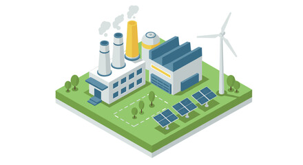 Isometric green energy plant with wind turbine and solar panels