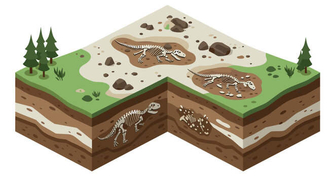 Isometric fossil excavation scene with dinosaur skeletons in cross-sectioned terrain