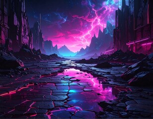 Neon reflections landscape evokes a cyberpunk city with vivid colors