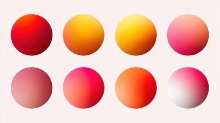 Eight gradient-covered circles arranged in two rows, top row shows red, orange, yellow, pink transitions,