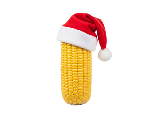 Festive Corn Cob Dressed in Santa Hat on White Background