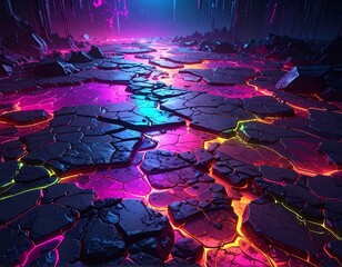 Neon radiance on cracked earth: A vibrant landscape of otherworldly beauty