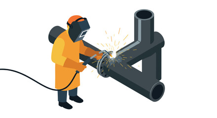 Isometric welder in action with protective gear and spark effects
