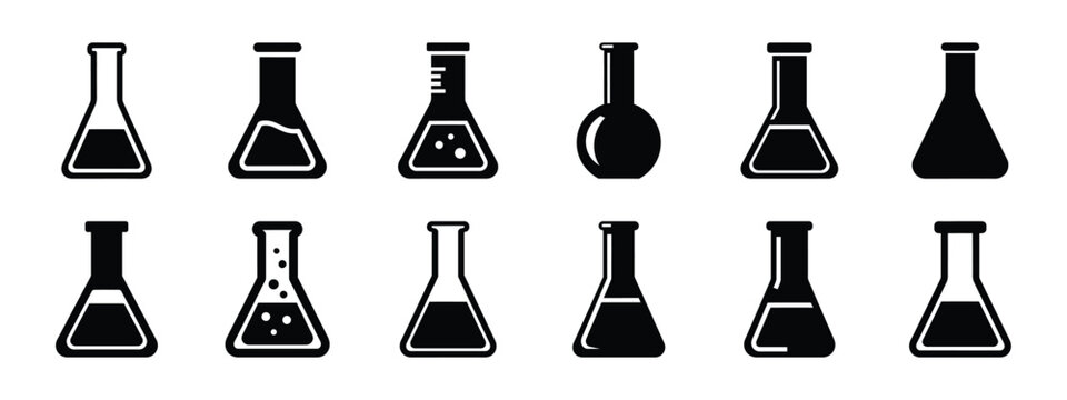 chemistry flask vector icon set and silhouette art isolated on white background