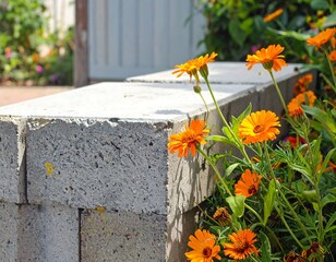 Marigolds bloom next to a textured concrete wall creating a vibrant contrast