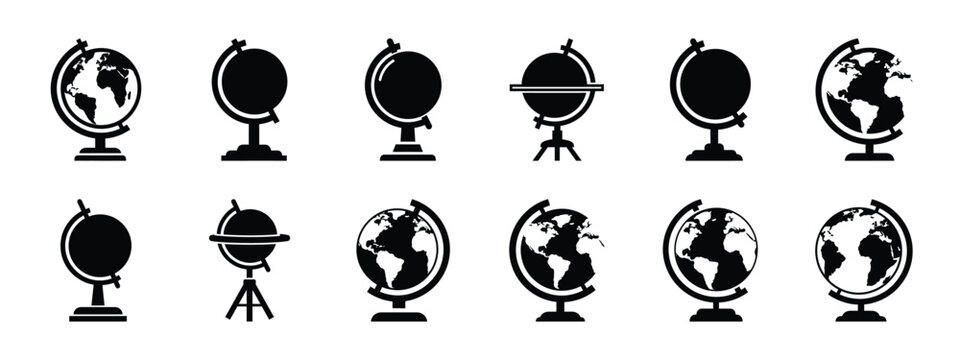 globe stand vector icon set and silhouette art isolated on white background