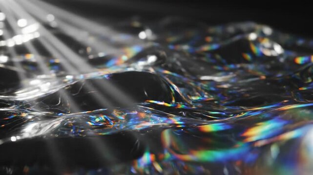 Cinematic close-up of parallel light beams refracting and dispersing across a textured undulating surface creating dramatic shadows and reflections structure, physics, illumination