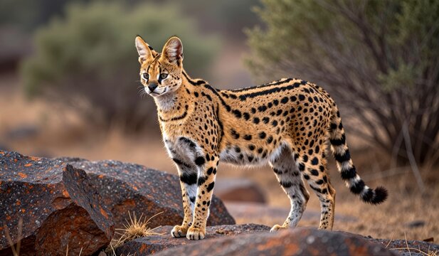 Elegant serval gracefully prowls through sunlit savanna on a warm afternoon